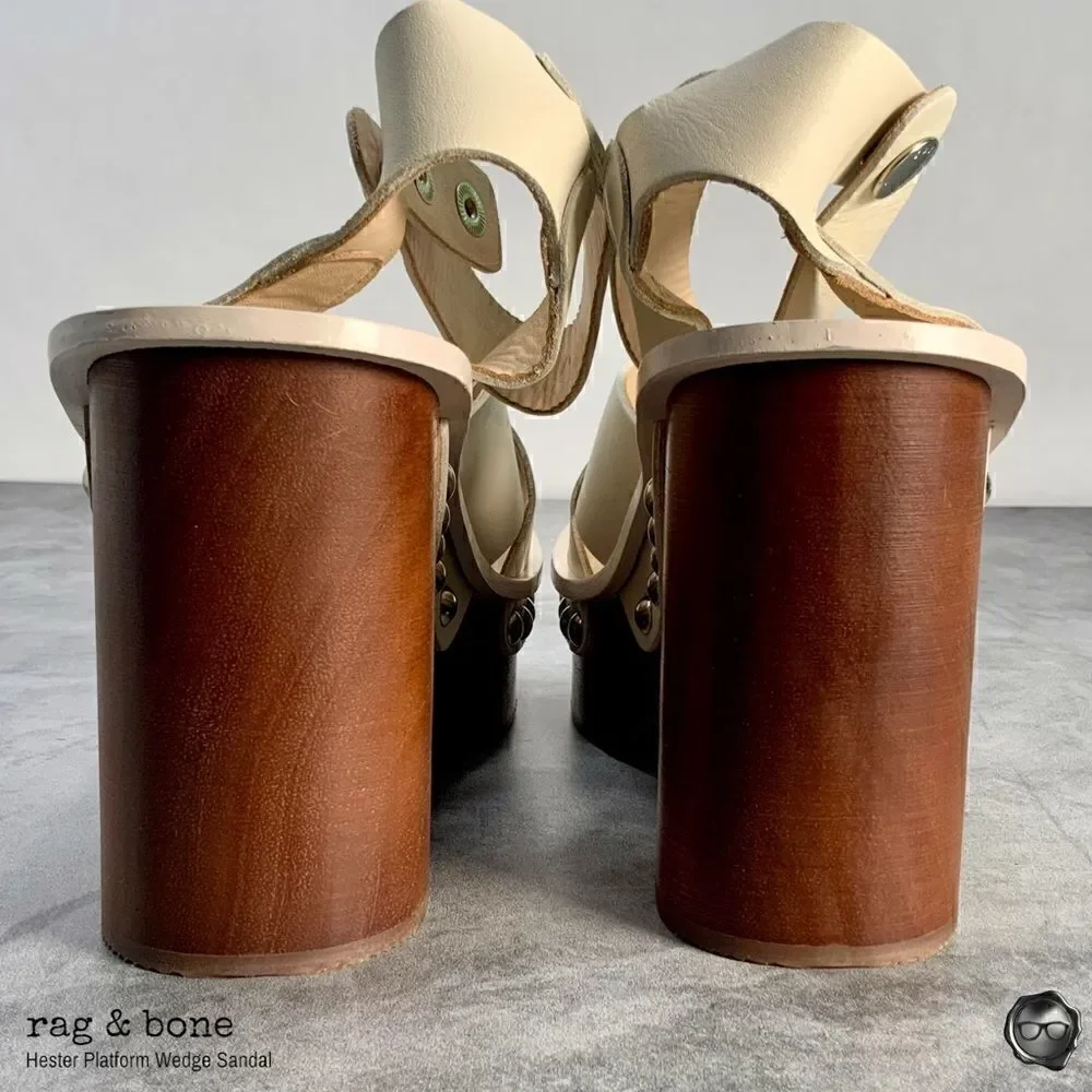RAG & BONE HESTER LEATHER ANKLE-STRAP WEDGE PLATFORM SANDALS IN IVORY SIZE 9